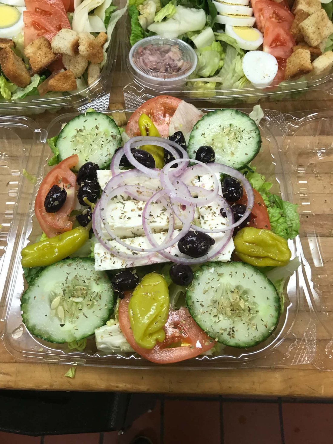 Our Greek salad, dressed and ready to go