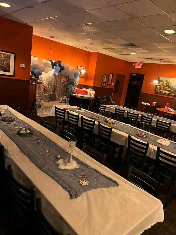 A private room decorated for a holiday party